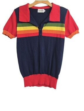 OXKNIT Polo Sweater Navy Red Rainbow Stripe Short Sleeve